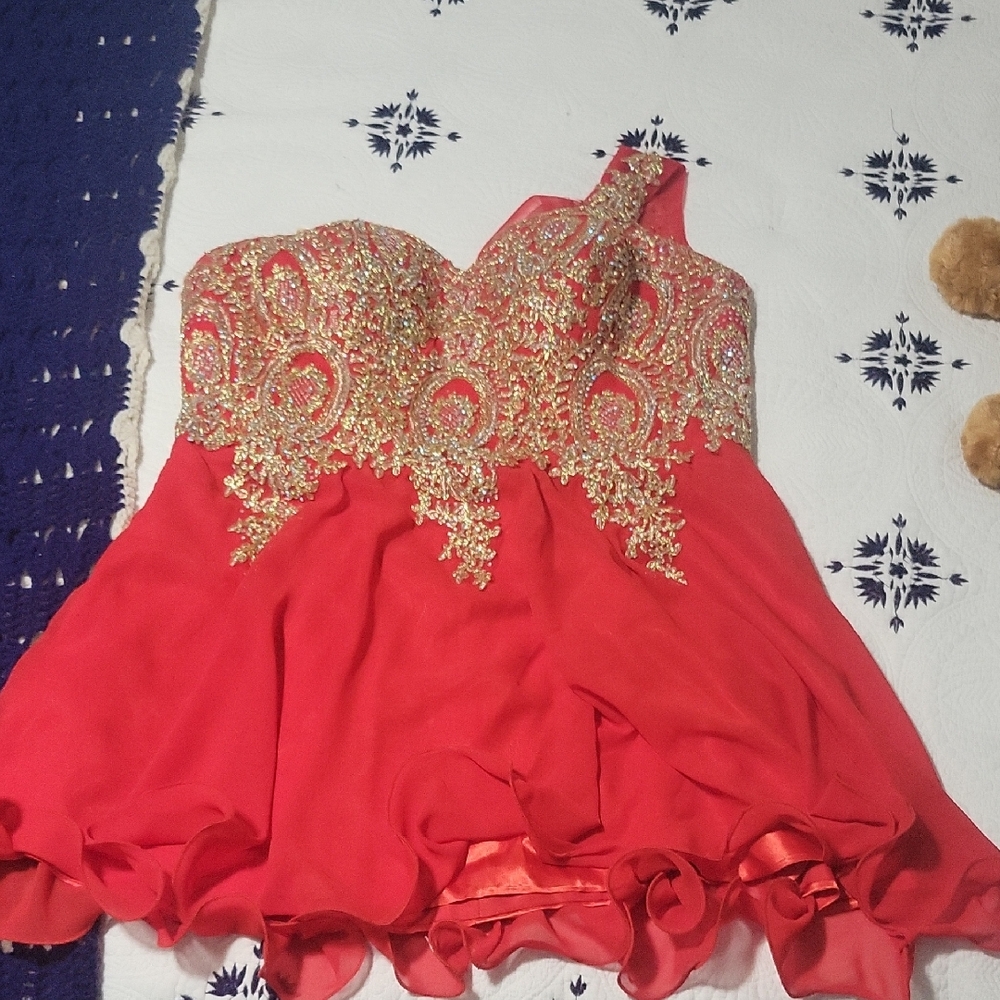 Red One-Shoulder Cocktail Dress with Gold Embellishment